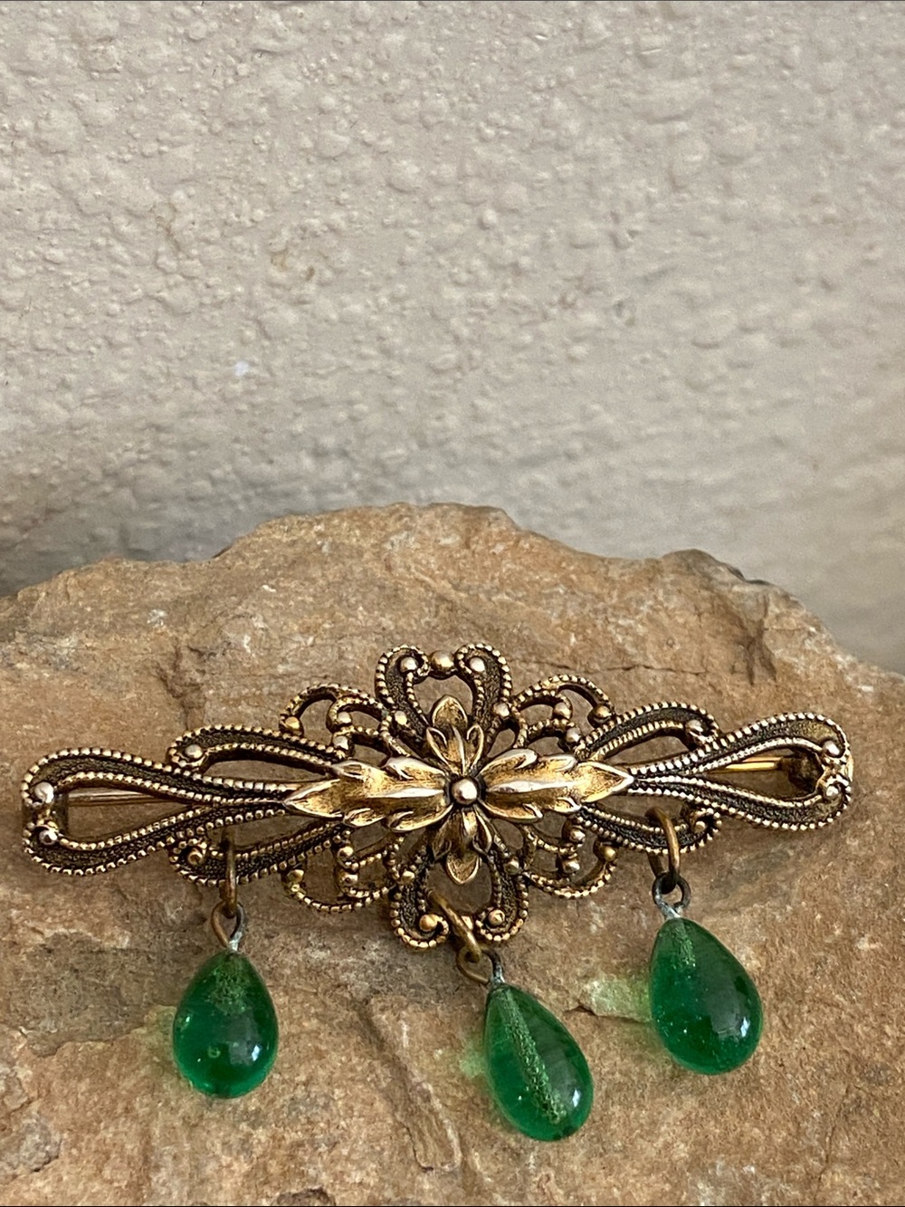 Antique Brass Filigree Green Glass Dangling Beads Broach